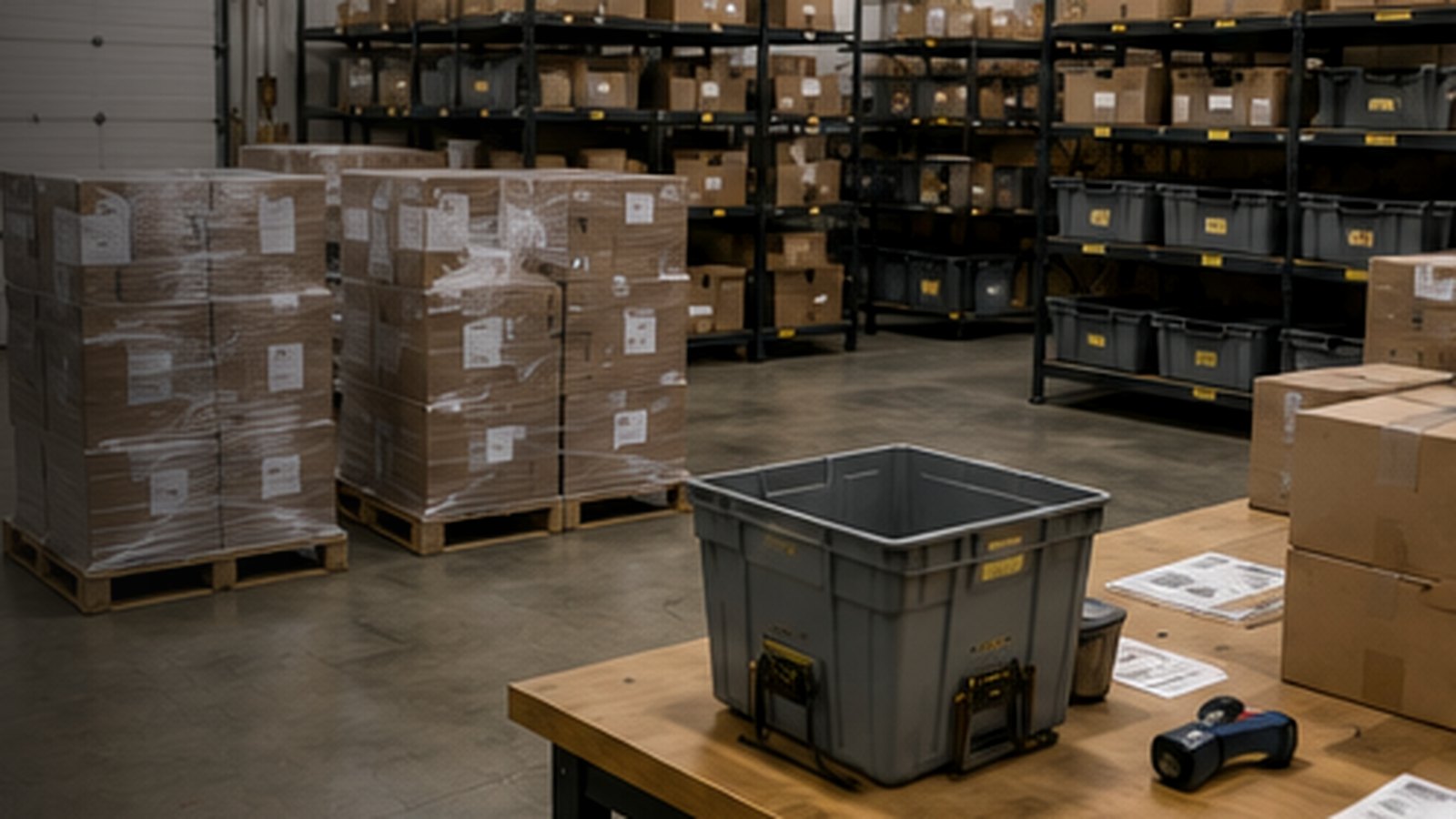 Organized boutique fulfillment warehouse with shelving, bins, packing tables, cartons, and shipping supplies.