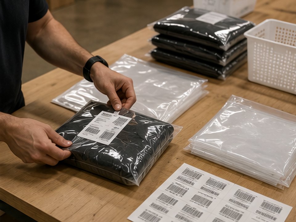 Worker applying product labels and preparing poly-bagged inventory at an FBA prep station.