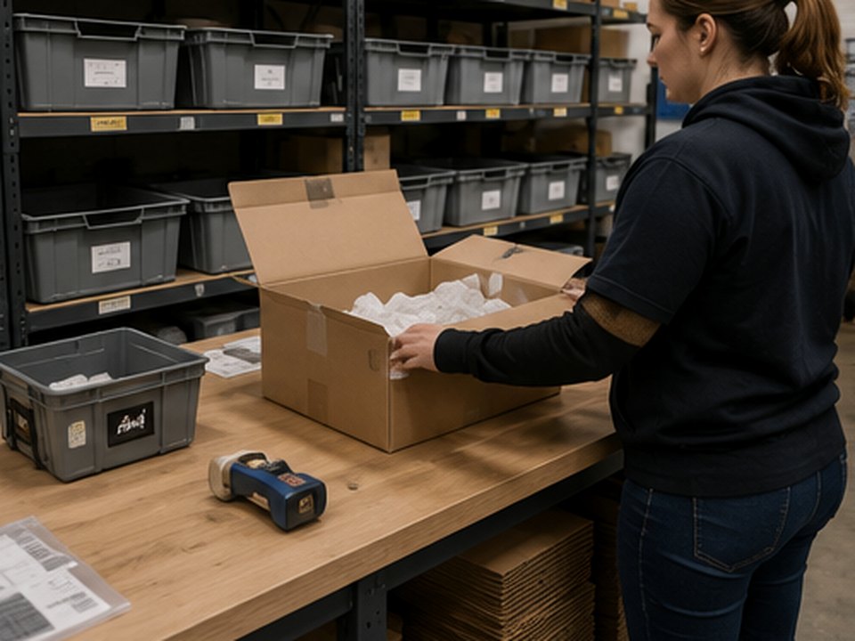 Small fulfillment operation picking items from organized bins and packing individual customer orders.