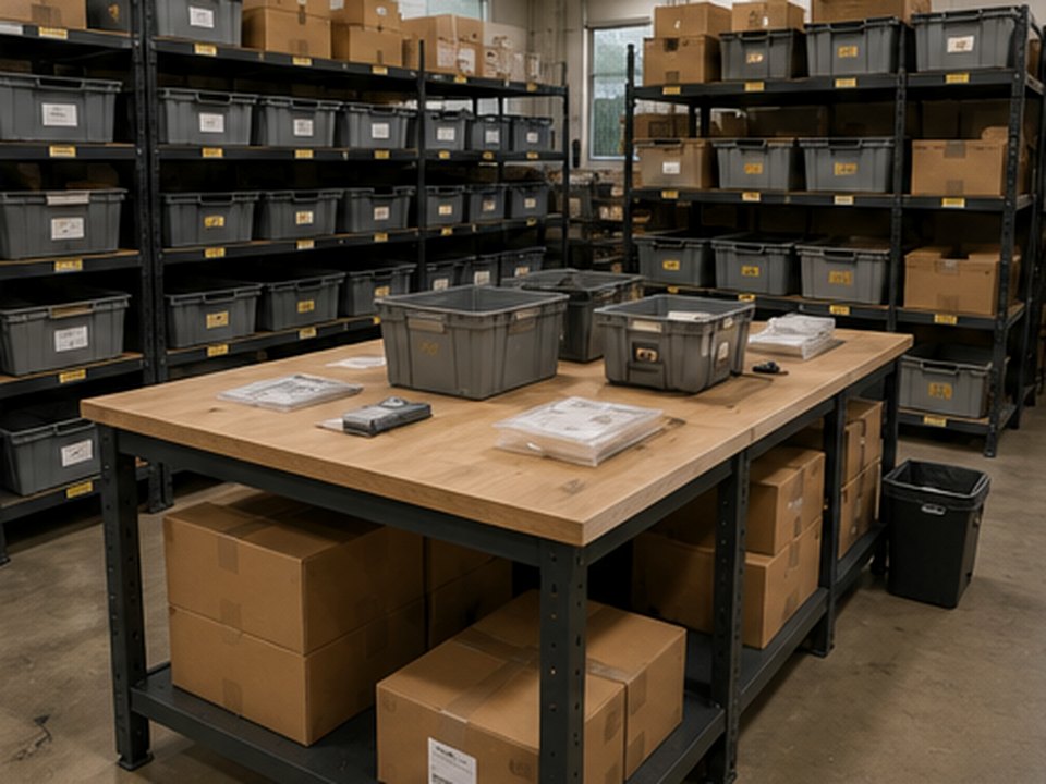 Quality-control station with organized inventory, inspection tools, and prepared outbound cartons.