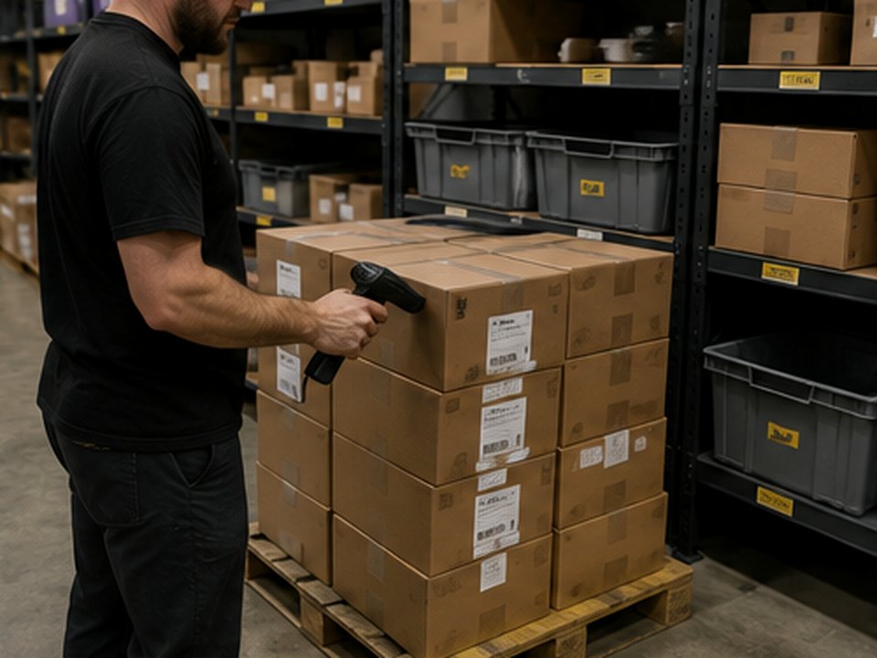 Returned ecommerce inventory being inspected and relabeled at a clean warehouse workbench.