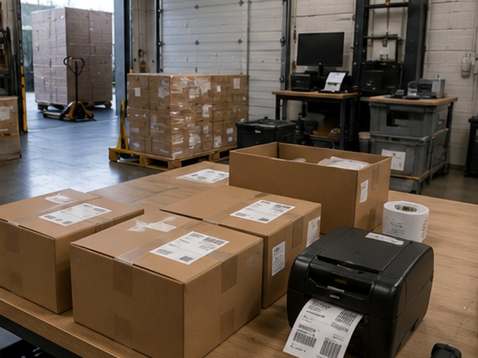 Small-business fulfillment operator reviewing outgoing shipments beside a clean packing station.